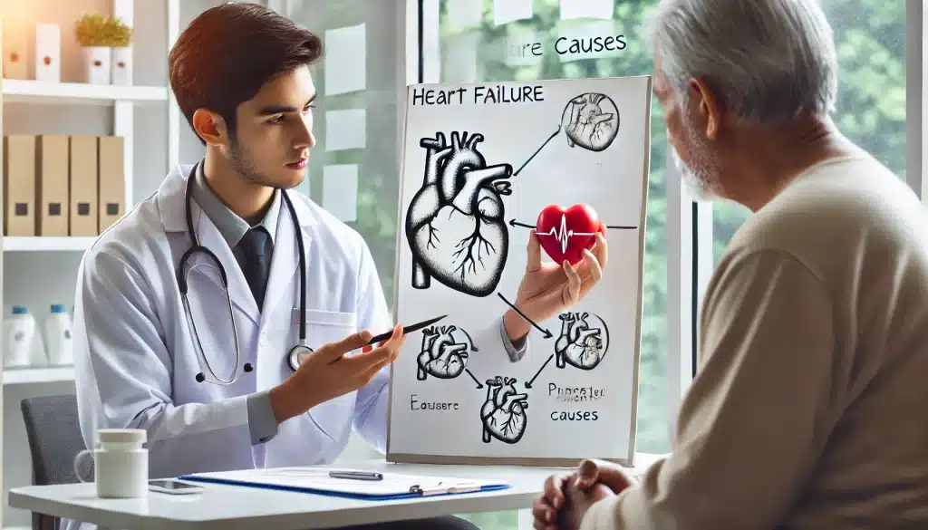 A doctor explaining the causes and types of heart failure using a heart diagram, symbolizing the importance of understanding the disease.