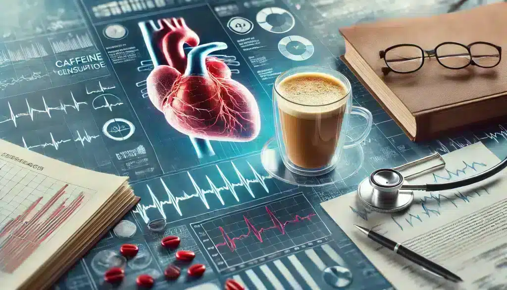 A scene of medical research materials, charts, and a cup of coffee, highlighting the scientific studies on caffeine consumption and its link to heart arrhythmias.