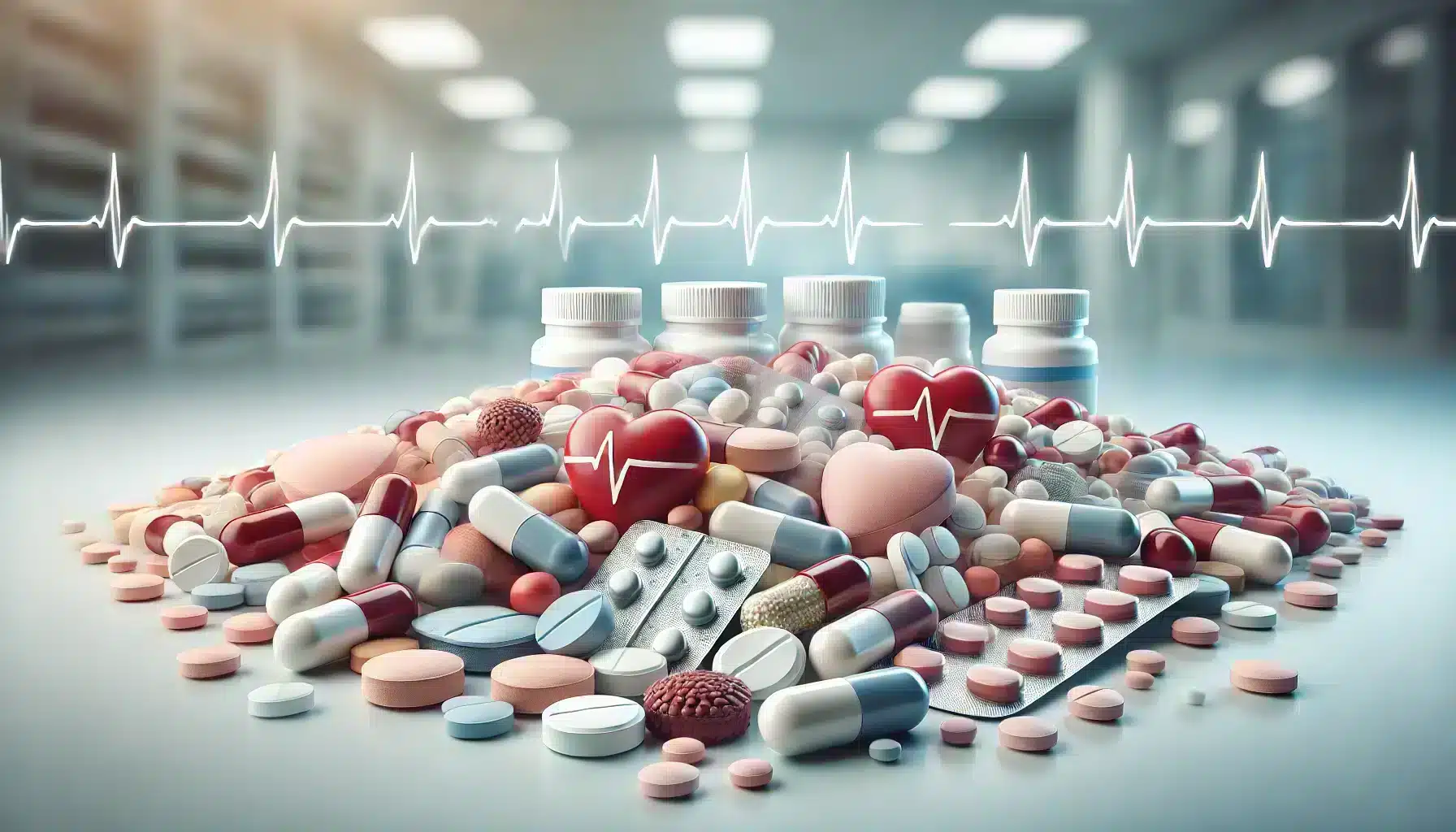 Top medications for managing arrhythmias, including various pills, capsules, and tablets, arranged in a clinical setting. This image represents arrhythmia medications such as beta-blockers, calcium channel blockers, sodium channel blockers, potassium channel blockers, anticoagulants, and digitalis glycosides, used in heart rhythm treatment and arrhythmia management.