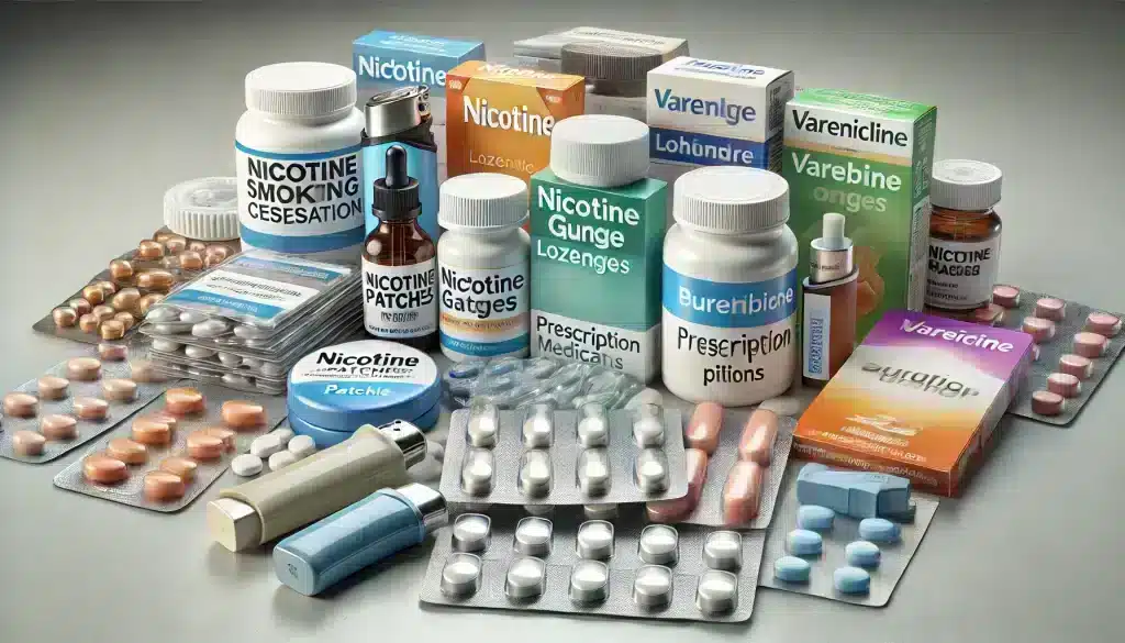 A display of various types of medications used in smoking cessation, including nicotine patches, gum, lozenges, an inhaler, and prescription medications like varenicline and bupropion, highlighting the diverse options available for quitting smoking.