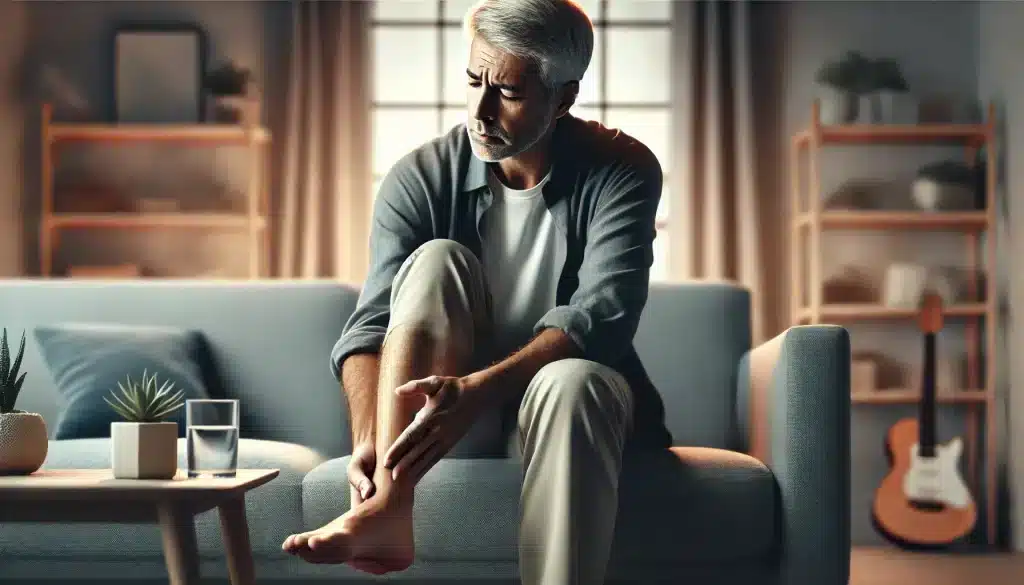 Middle-aged person massaging swollen ankles, sitting on a couch in a living room, indicating concern about heart health.