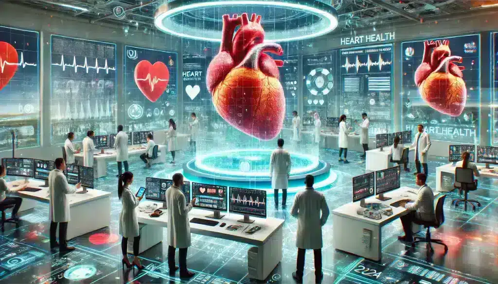 Groundbreaking Heart Health Studies of 2024 modern cardiovascular research lab depicted in a realistic, photo-like style. The scene includes a diverse team of researchers interacting with advanced technology such as virtual reality, holographic heart models, AI-powered diagnostics, and 3D printed heart components. The researchers are examining results on futuristic screens and discussing findings, highlighting a vibrant, collaborative, and high-tech environment dedicated to innovative heart health approaches.