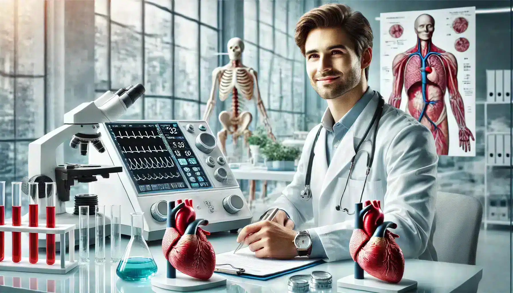 A medical professional conducting research on cardiovascular health in a modern clinical setting, showcasing the latest clinical trials in cardiology.