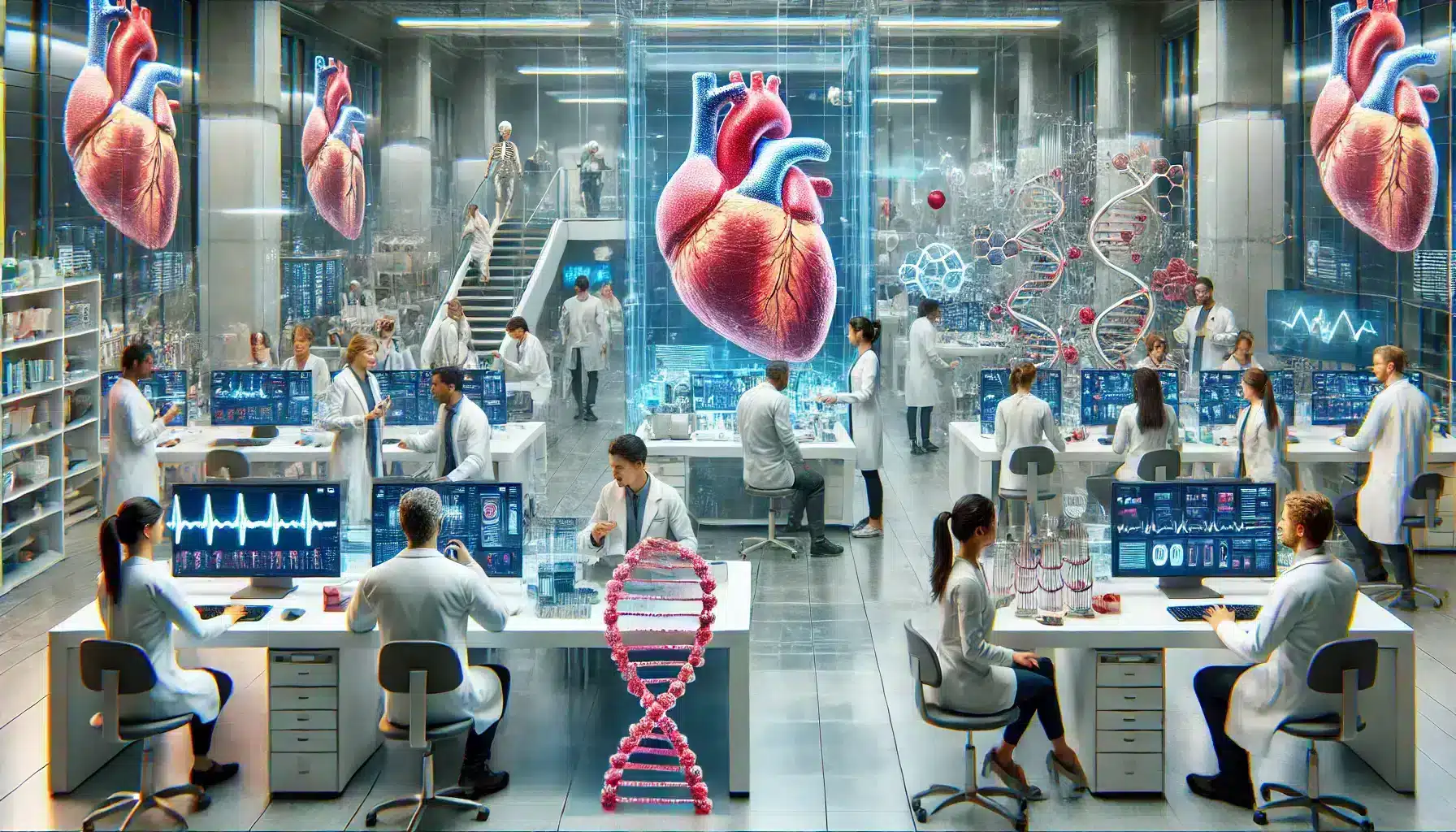 A realistic photo-like scene of a modern laboratory conducting heart health research in 2024. It features a diverse group of researchers from various ethnicities and genders working in a high-tech lab equipped with advanced computers, AI data, DNA strands, and heart models. The researchers are actively discussing results, using lab equipment, and analyzing data on screens, creating a dynamic and collaborative environment focused on innovative heart health studies.