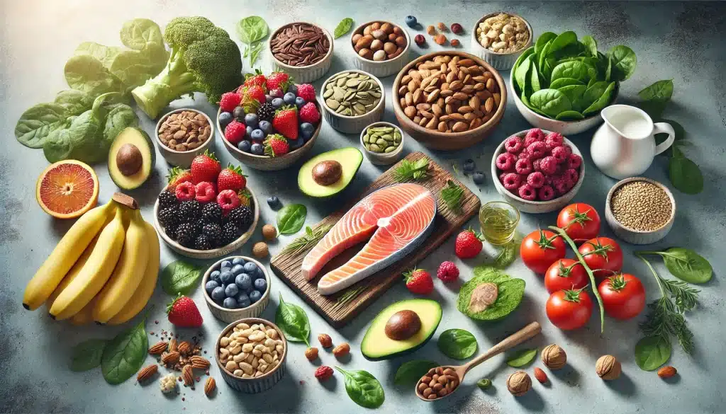 A selection of key nutrients for heart health, including foods rich in fiber, healthy fats, omega-3 fatty acids, antioxidants, and potassium. Displayed items are fresh berries, avocado, salmon fillet, nuts, seeds, leafy greens, and a banana, arranged on a kitchen counter with bright natural lighting, emphasizing health and nutrition.