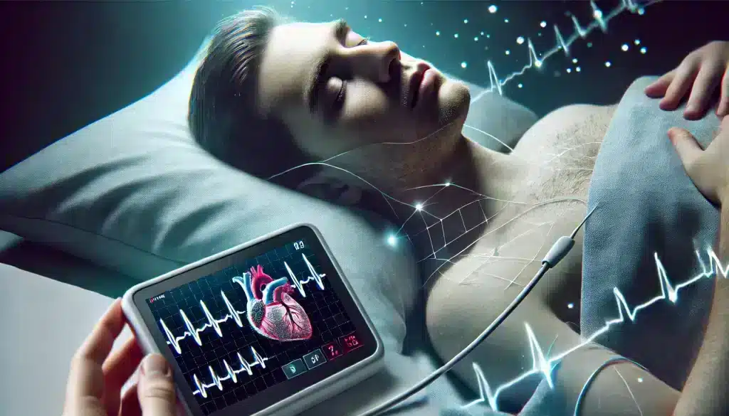 Patient connected to a heart monitor, illustrating the link between sleep apnea and heart arrhythmias. The image shows how oxygen deprivation from untreated sleep apnea can affect heart function.