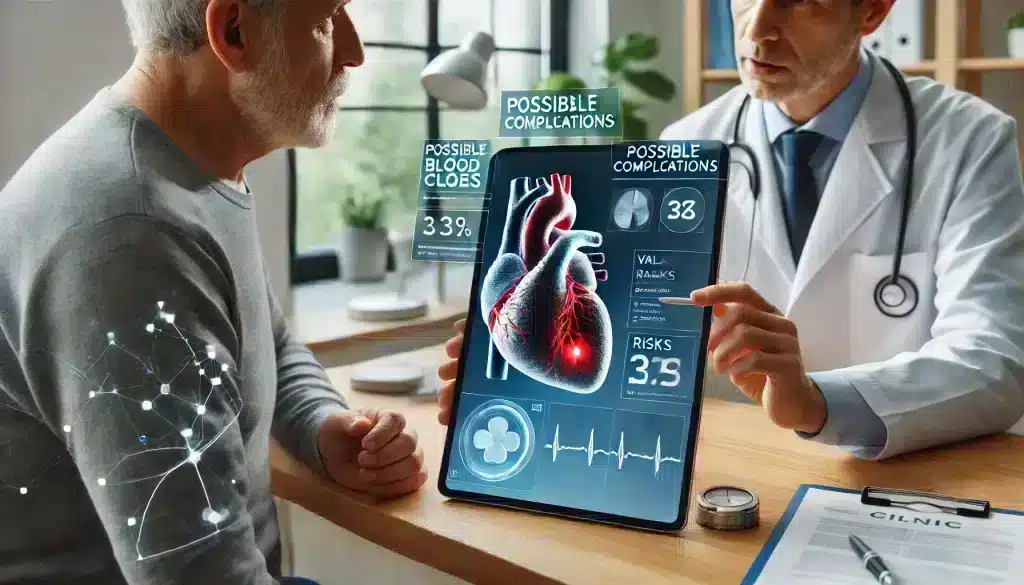 A patient reviewing test results with a doctor to manage risks and complications associated with mechanical heart valve care.