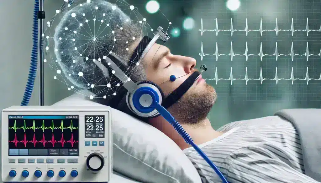 Patient undergoing a sleep study to diagnose sleep apnea and monitor for heart arrhythmias. This process involves tracking heart rate and breathing patterns to assess cardiovascular risk.