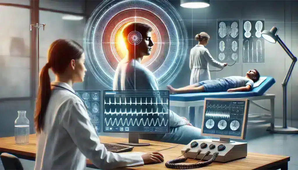 A patient undergoing diagnostic tests for dizziness in a medical center, connected to monitoring equipment. The scene highlights the importance of diagnosing dizziness through balance tests and imaging scans.