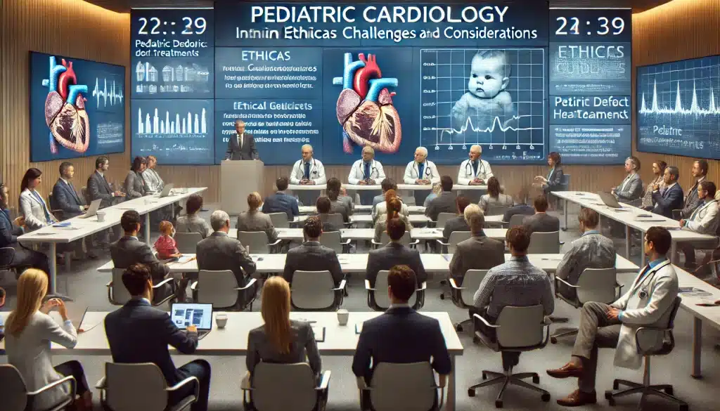 Innovations in Pediatric Heart Defects: A realistic depiction of a pediatric cardiology conference, focusing on ethical challenges and considerations with professionals discussing patient data, ethical guidelines, and the complexities of treatment innovations