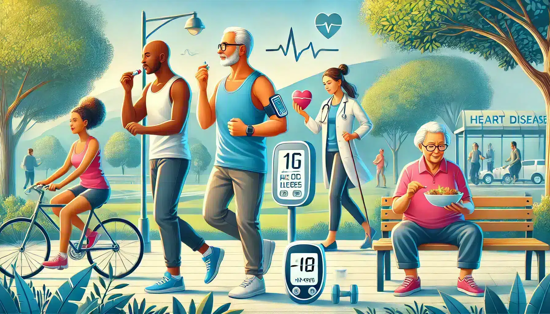 A diverse group of people engaging in heart-healthy activities such as jogging, blood sugar monitoring, stretching, and healthy eating to prevent heart disease for those with diabetes.