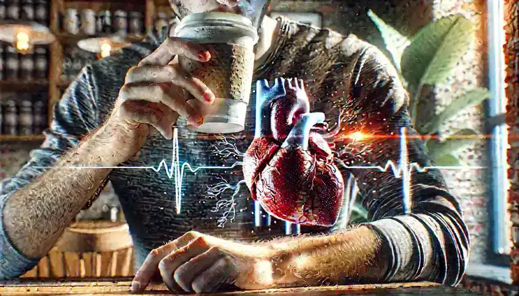 A person drinking coffee with visible electrical pulses around the heart area, symbolizing the potential for caffeine to trigger heart arrhythmias.