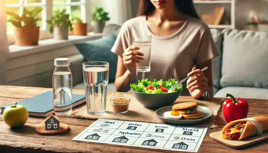 A person drinking water and eating a balanced meal, emphasizing the importance of diet, hydration, and stress management in managing dizziness symptoms.