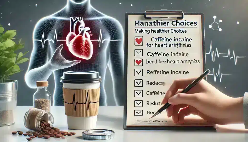 A person managing their caffeine intake with a coffee cup and a heart diagram, emphasizing tips for reducing caffeine to improve heart health and prevent arrhythmias.