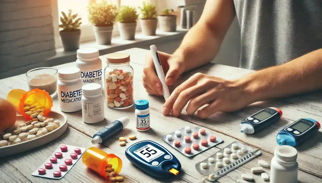 Medications and Treatments for Diabetes - A person organizing their diabetes medications, including pills and insulin pens, highlighting the importance of proper medication management in managing diabetes and supporting heart health.