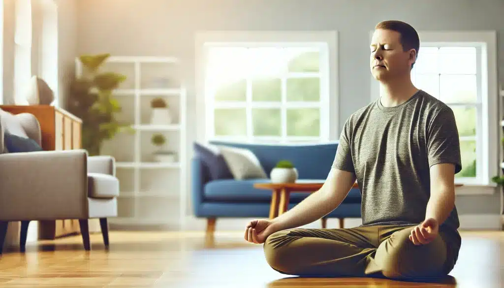 The Role of Stress Management in Diabetes Control - A person practicing stress reduction techniques like deep breathing or meditation in a peaceful home setting, highlighting the importance of managing stress for better diabetes control and heart health.