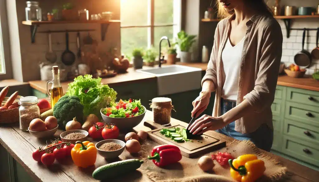 Effective Lifestyle Changes to Manage Diabetes - A person preparing a healthy meal with fresh vegetables and whole grains, highlighting the importance of nutrition in managing diabetes and supporting heart health.