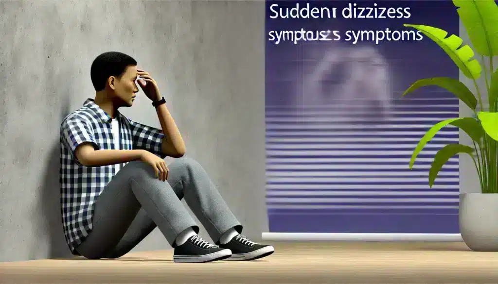 A person sitting on the floor, leaning against a wall with their hand on their head, showing distress after a sudden dizziness spell. This scene highlights the importance of recognizing serious dizziness symptoms that require immediate medical attention.