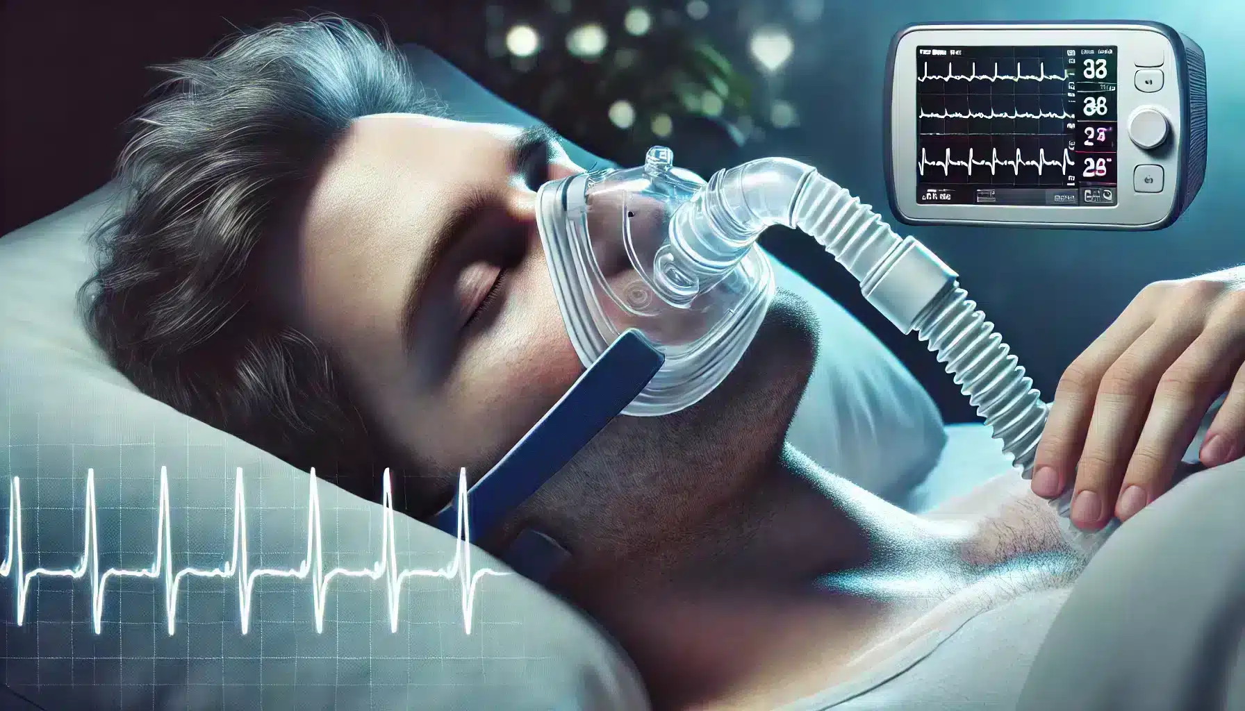 person using a CPAP machine to treat sleep apnea and heart arrhythmias. The CPAP device helps maintain oxygen levels during sleep, reducing the risk of arrhythmias like atrial fibrillation and bradycardia caused by sleep apnea.