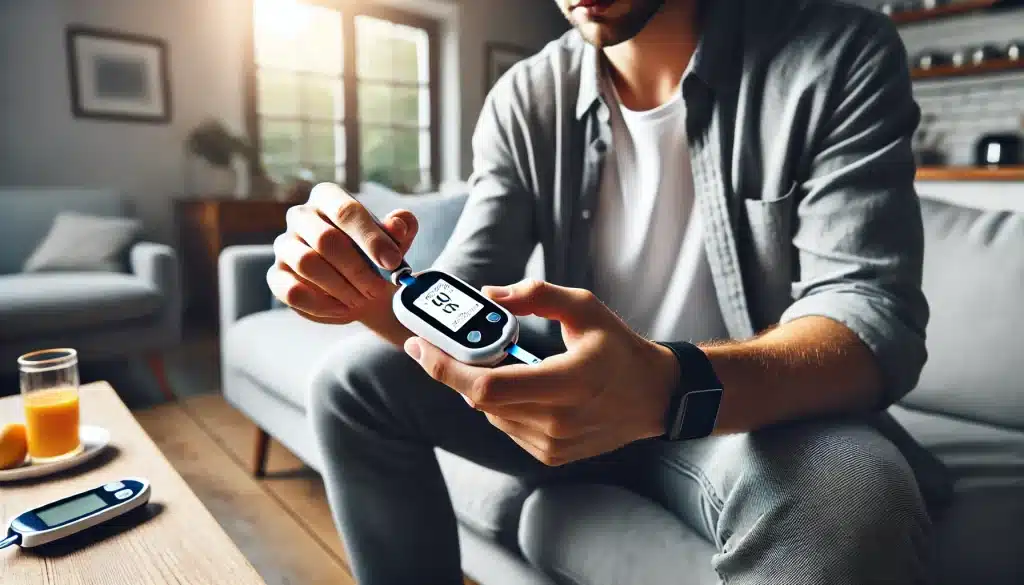 Monitoring Blood Sugar Levels - A person using a continuous glucose monitoring (CGM) device at home, illustrating the importance of regular blood sugar monitoring in managing diabetes and supporting heart health.