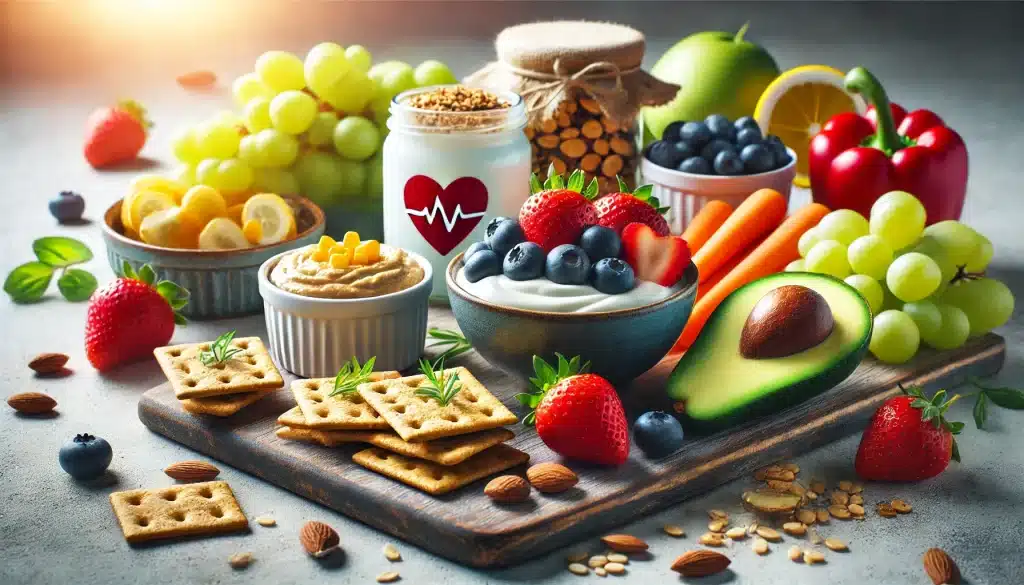 A variety of quick and easy heart-healthy snacks, including fresh fruit slices, Turkish yogurt with berries, hummus with carrot sticks, whole grain crackers with avocado, and mixed nuts. The snacks are arranged neatly on a table with natural lighting, highlighting their convenience and health benefits.