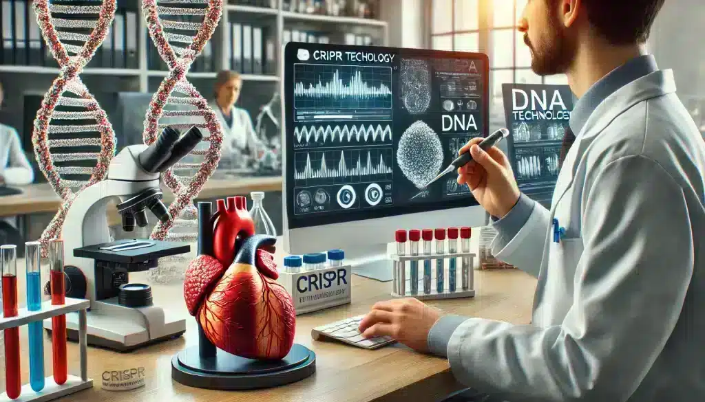 A researcher using CRISPR technology, representing recent advances in genetics in cardiology research.