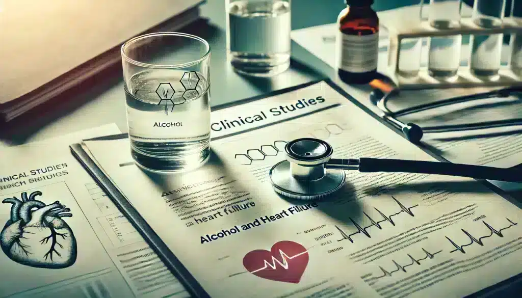 Clinical research on alcohol and heart failure: Scientific papers and stethoscope with heart-related diagrams on a desk.