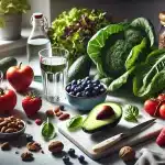 A horizontal photograph of fresh heart-healthy foods including leafy greens, avocados, berries, and nuts, ideal for a diet that supports cardiovascular health and blood pressure control.