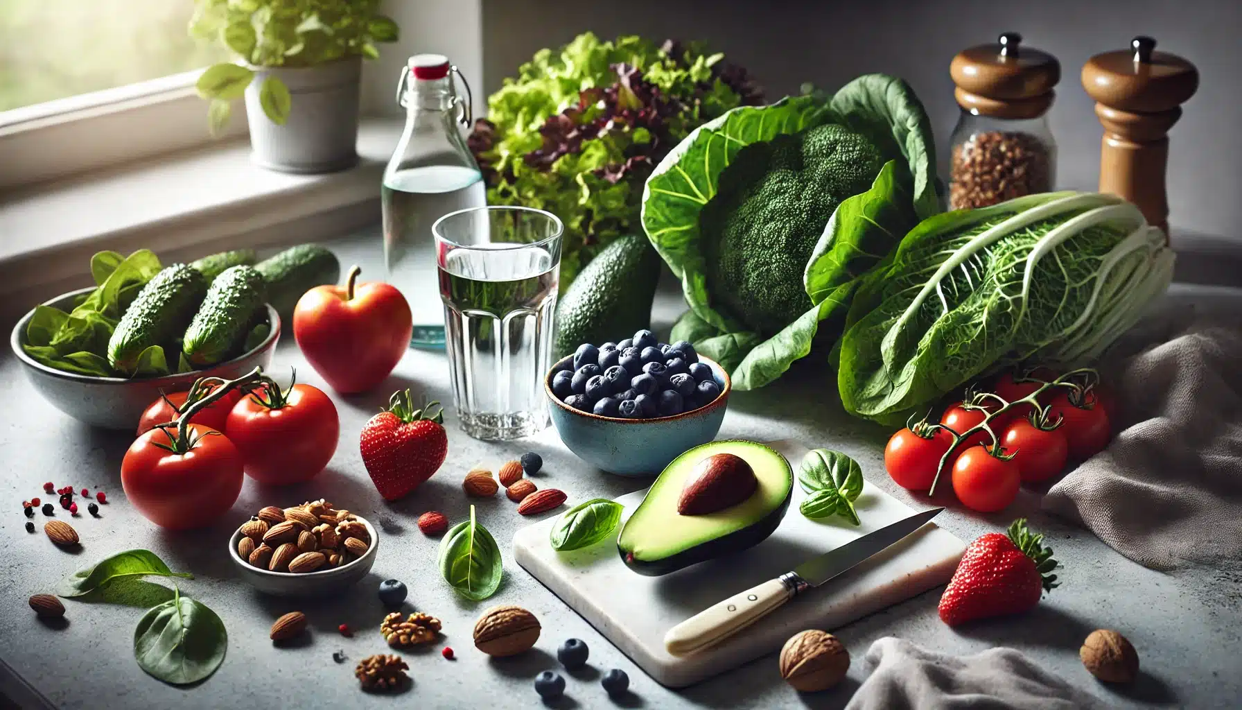 A horizontal photograph of fresh heart-healthy foods including leafy greens, avocados, berries, and nuts, ideal for a diet that supports cardiovascular health and blood pressure control.