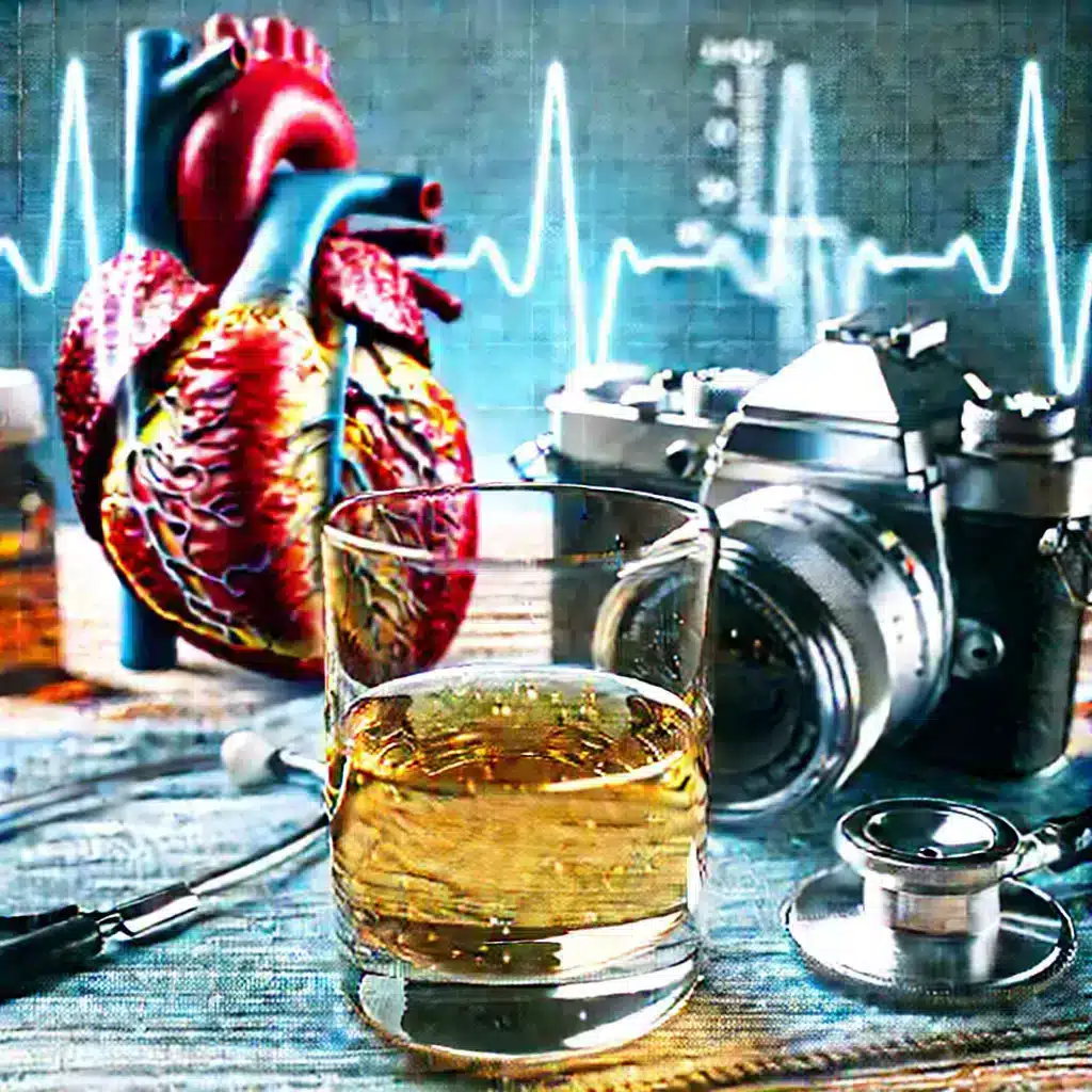 Alcohol and heart failure: The effects of alcohol on heart health, featuring a glass of alcohol and medical instruments