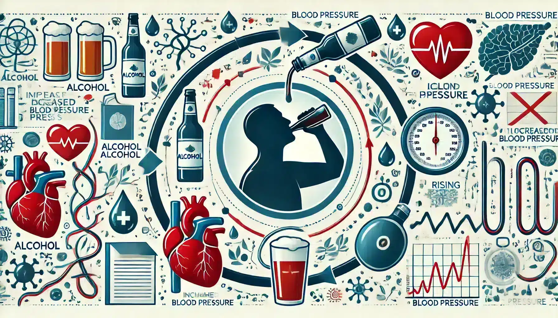 An illustration depicting the impact of alcohol on blood pressure, showing a sequence from alcohol consumption to increased blood pressure. Includes elements like a person drinking alcohol, a rising blood pressure gauge, and visual representations of arteries or veins, demonstrating the progression from drinking to hypertension in an educational style.