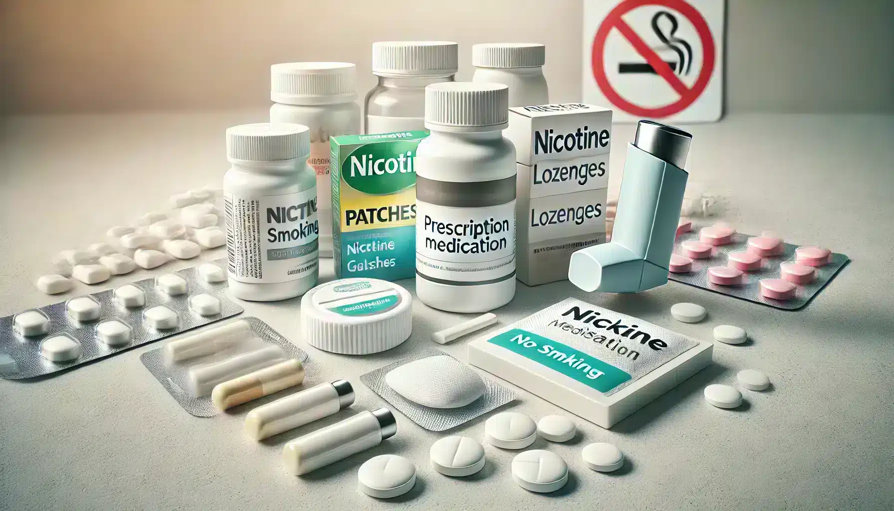 A variety of medications used in smoking cessation, including nicotine patches, gum, lozenges, a prescription pill bottle, and an inhaler, symbolizing the role of medication in smoking cessation.