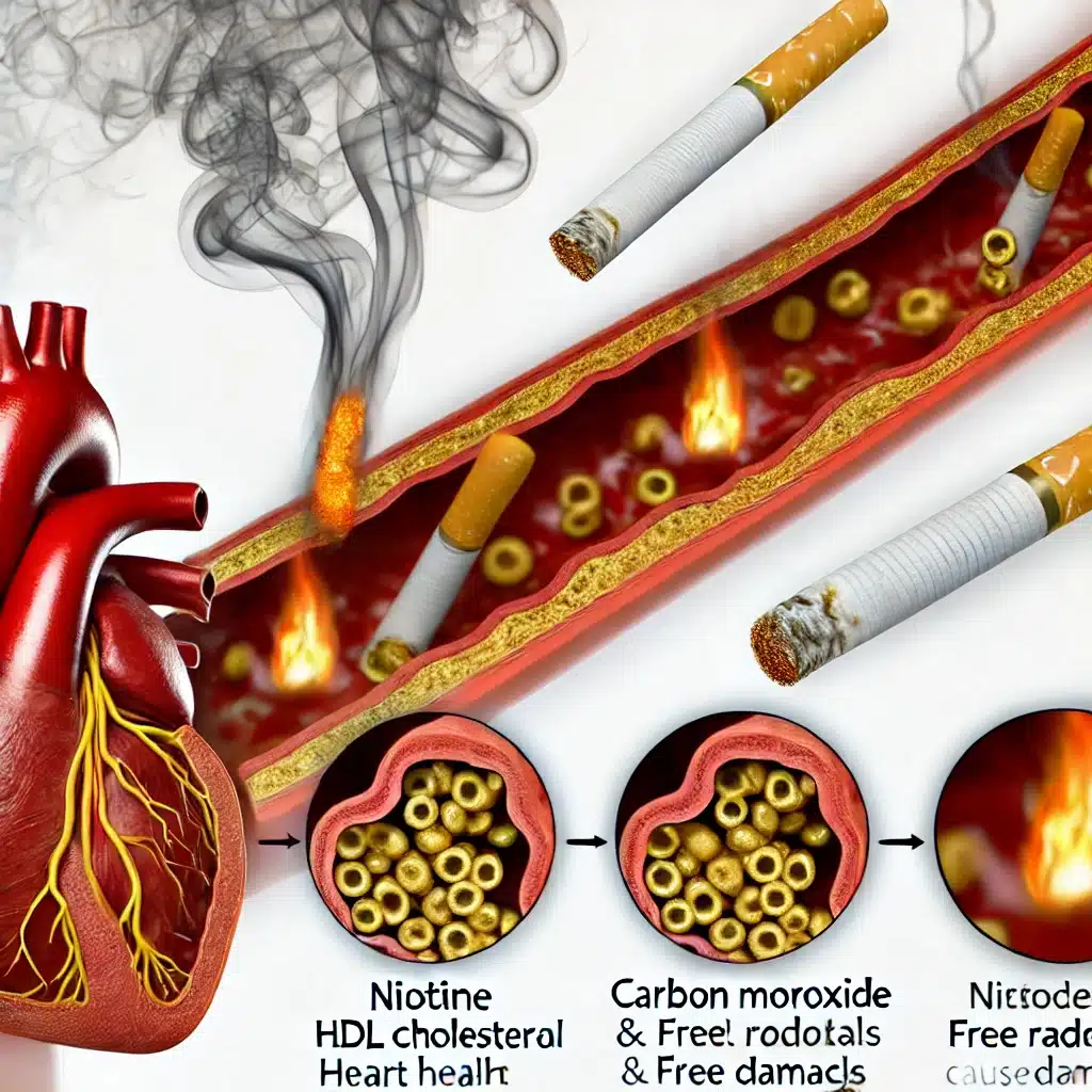 Educational image depicting the cardiovascular impact of smoking, including inflamed heart and clogged arteries due to high cholesterol levels, with cigarette smoke and chemical symbols.