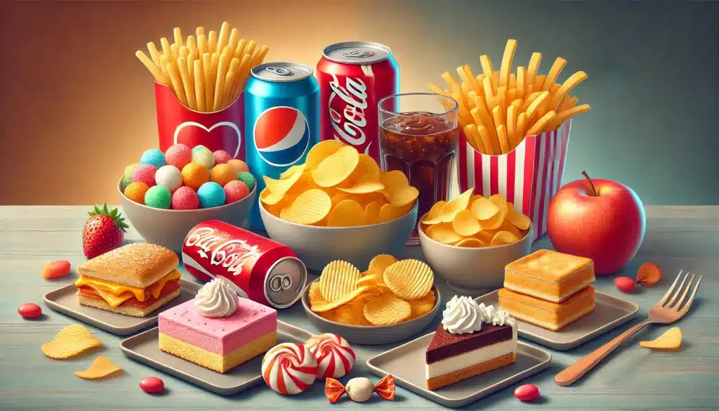 A selection of snacks to avoid for heart health, including potato chips, sugary candies, a soda can, processed snack cakes, and fried food like french fries. The snacks are arranged on a table with a contrasting background, highlighting their less healthy nature