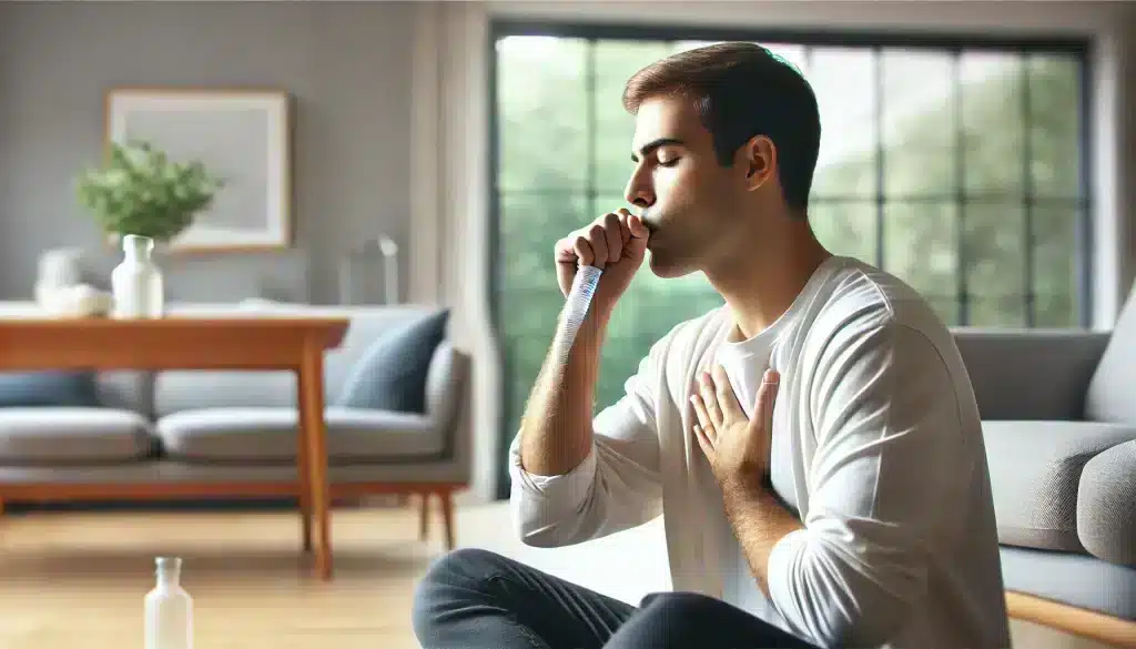 Home Management Strategies for Shortness of Breath with someone practicing breathing exercises in a peaceful, well-lit room to promote relaxation and effective breathing.