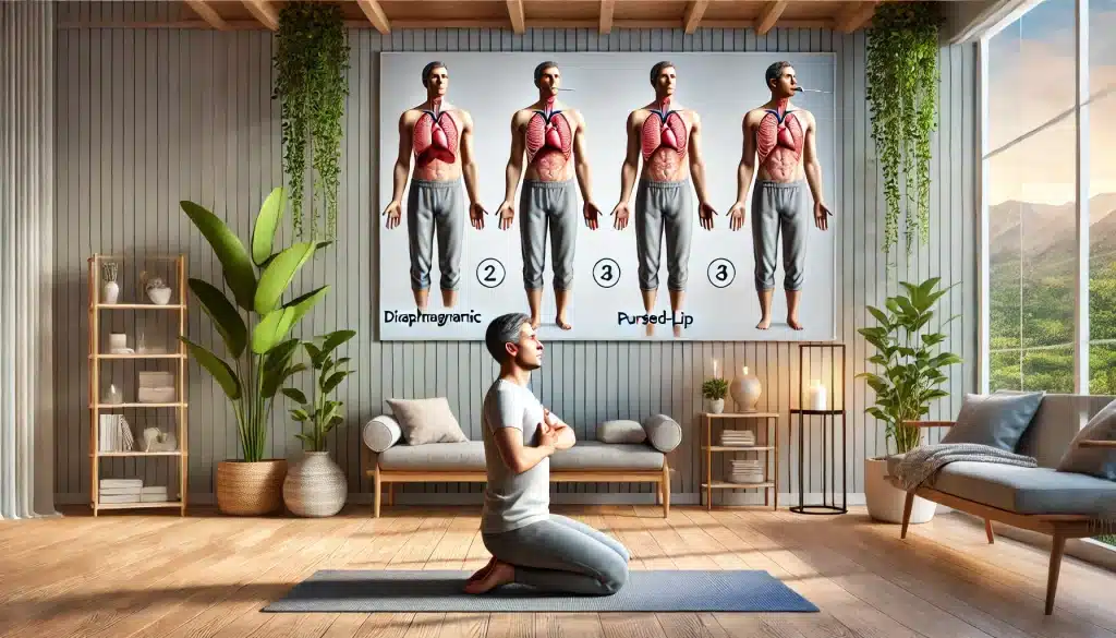 Step-by-Step Guide to Performing Breathing Exercises: A heart patient demonstrating diaphragmatic and pursed-lip breathing steps in a calm indoor setting, highlighting hand positions and relaxed posture. Breathing exercises, heart health, relaxation techniques, step-by-step guide.