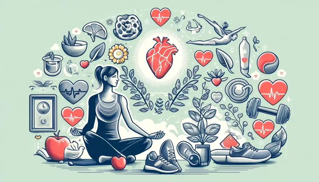 Illustration of stress management techniques for heart health, featuring a person practicing meditation or yoga, surrounded by symbols of stress relief such as a balanced diet, exercise, and relaxation. The image highlights the connection between effective stress management and maintaining cardiovascular well-being.