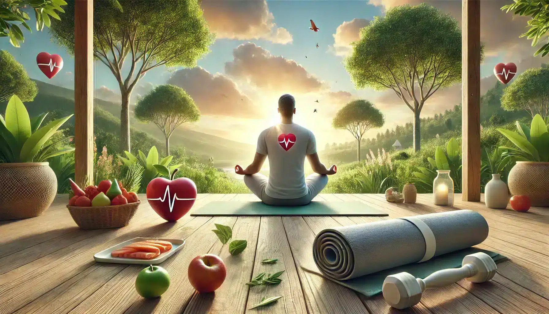 Realistic scene of stress-relieving techniques for heart health, featuring meditation, healthy eating, and physical activity in a serene outdoor setting