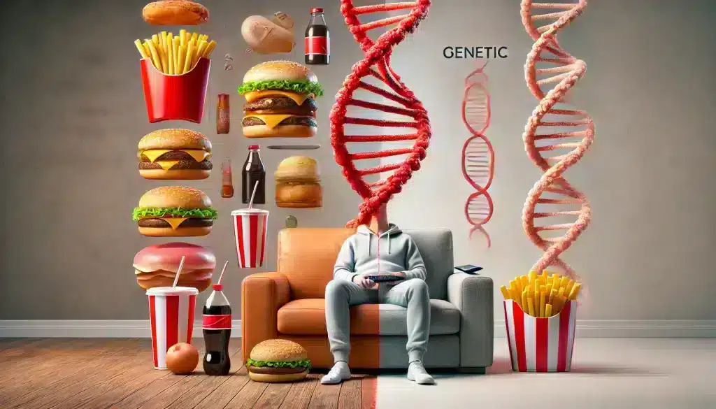 Causes of High Cholesterol - A split image illustrating unhealthy lifestyle choices like junk food, sedentary behavior, and smoking on one side, and genetic factors represented by a DNA strand on the other. Highlights the contrast between lifestyle and heredity as causes of high cholesterol.