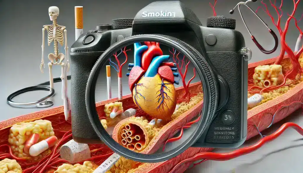 the combined effects of smoking, high blood pressure, and diabetes on coronary arteries. Visible plaque buildup and narrowing of arteries highlight the dangerous interaction between these risk factors and smoking.