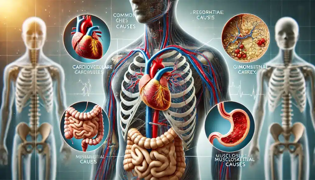 Common Causes of Recurring Chest Pain including cardiovascular issues like blocked arteries, gastrointestinal causes such as acid reflux, and musculoskeletal problems like inflamed rib cartilage. Tags include chest pain causes, cardiovascular pain, acid reflux chest pain, and musculoskeletal chest pain.