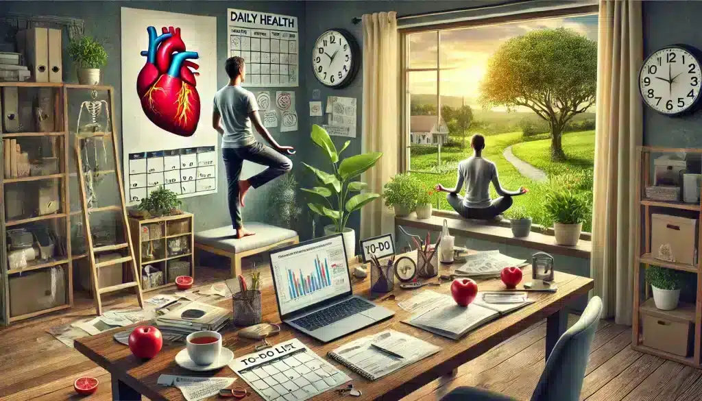 Realistic illustration of integrating stress management into daily life for heart health, showing a person balancing work and relaxation techniques like meditation, deep breathing, and light exercise, with elements of routine such as a calendar, to-do list, and nature views.