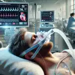 How Sleep Apnea Affects Heart Failure - A patient in a hospital setting with a CPAP machine, illustrating the link between sleep apnea and heart health. Key elements include sleep apnea, heart failure, CPAP therapy, and cardiovascular monitoring.