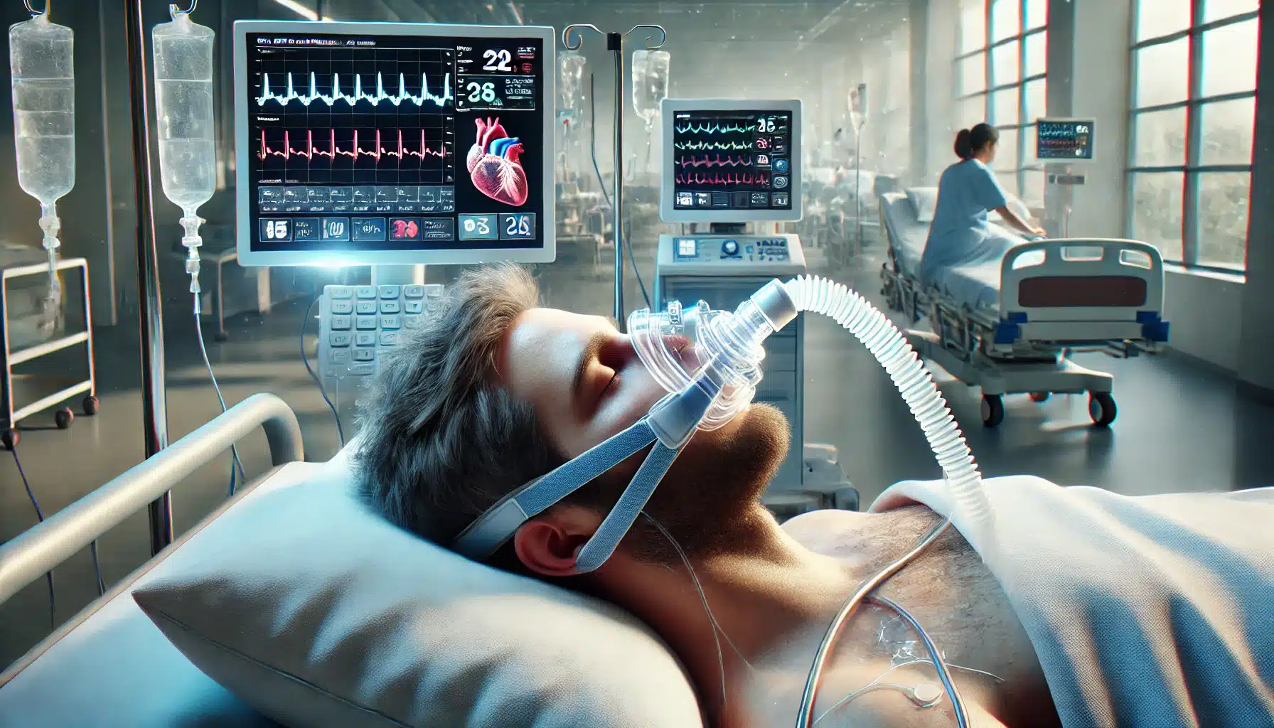 How Sleep Apnea Affects Heart Failure - A patient in a hospital setting with a CPAP machine, illustrating the link between sleep apnea and heart health. Key elements include sleep apnea, heart failure, CPAP therapy, and cardiovascular monitoring.