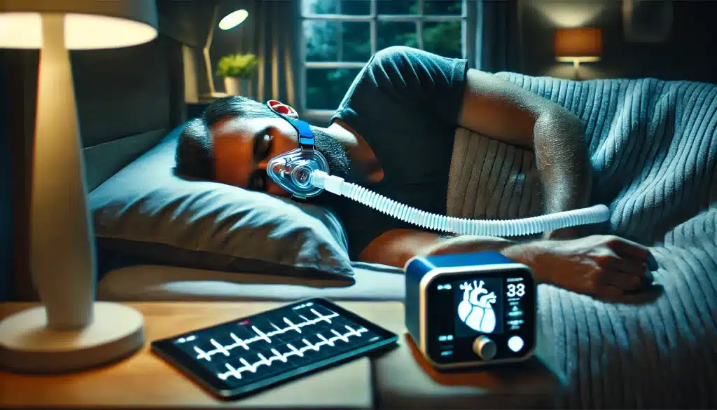 How Sleep Apnea Affects Heart Failure - A person sleeping at home with a CPAP machine, illustrating the connection between sleep apnea and heart health. Key elements include nighttime monitoring, sleep apnea management, and heart failure prevention.