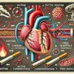 the harmful effects of smoking on heart health, featuring an artery clogged with plaque, damaged blood vessels, and visual symbols of nicotine, carbon monoxide, and free radicals.