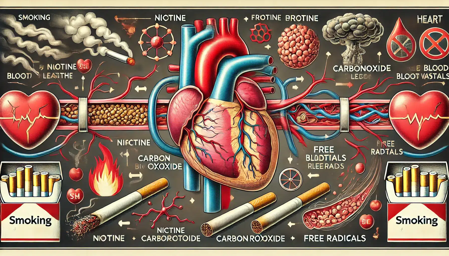 the harmful effects of smoking on heart health, featuring an artery clogged with plaque, damaged blood vessels, and visual symbols of nicotine, carbon monoxide, and free radicals.