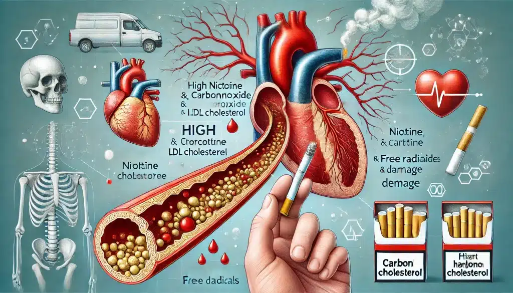 how smoking damages the cardiovascular system, highlighting the buildup of plaque in arteries, and showing elements like nicotine, smoke, and an inflamed heart.