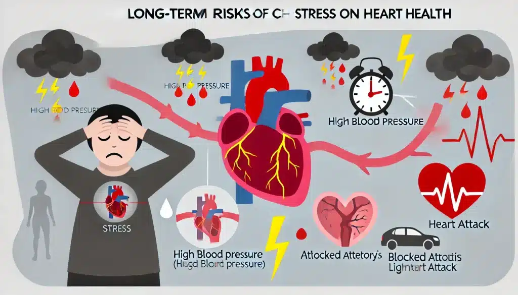 Illustration showing the long-term risks of chronic stress on heart health, featuring a stressed individual with symbols like dark clouds, heart icons with warning signs, high blood pressure gauge, blocked artery representation, and a lightning bolt on the heart. This image highlights the dangers of untreated stress, such as hypertension, atherosclerosis, and increased risk of heart attacks.