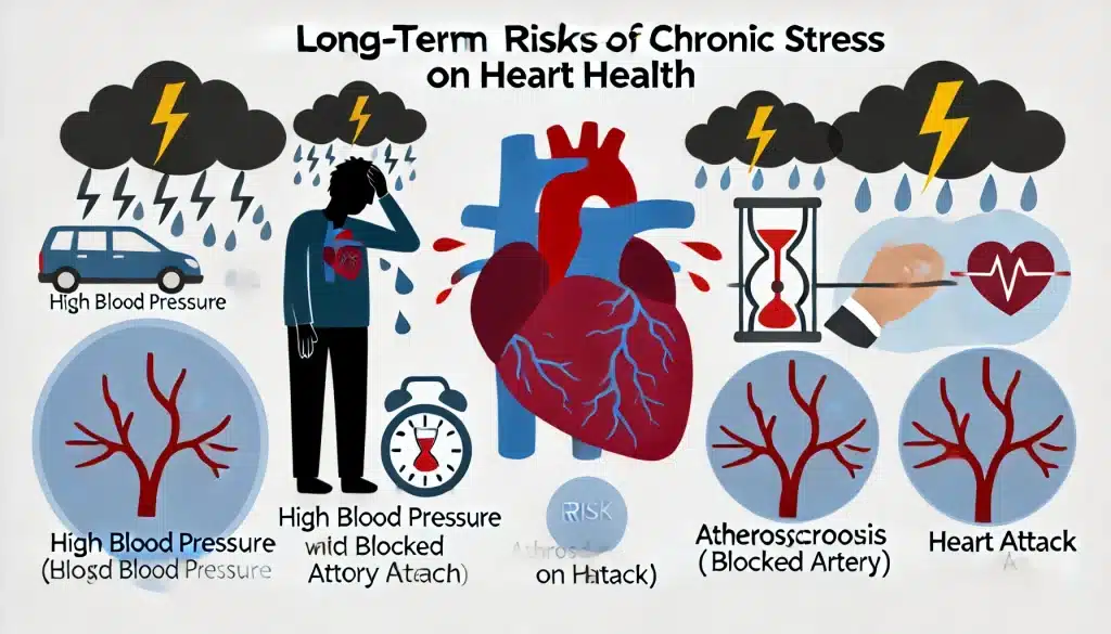 Illustration showing the long-term risks of chronic stress on heart health, featuring a stressed individual with symbols like dark clouds, heart icons with warning signs, high blood pressure gauge, blocked artery representation, and a lightning bolt on the heart. This image highlights the dangers of untreated stress, such as hypertension, atherosclerosis, and increased risk of heart attacks.